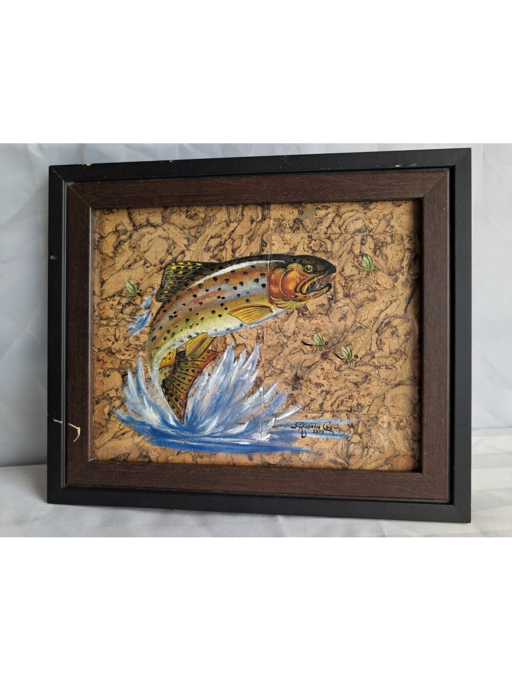 Vintage Rosalie Cox 1979 Original Painting Leaping Trout Mixed Media Cork Art